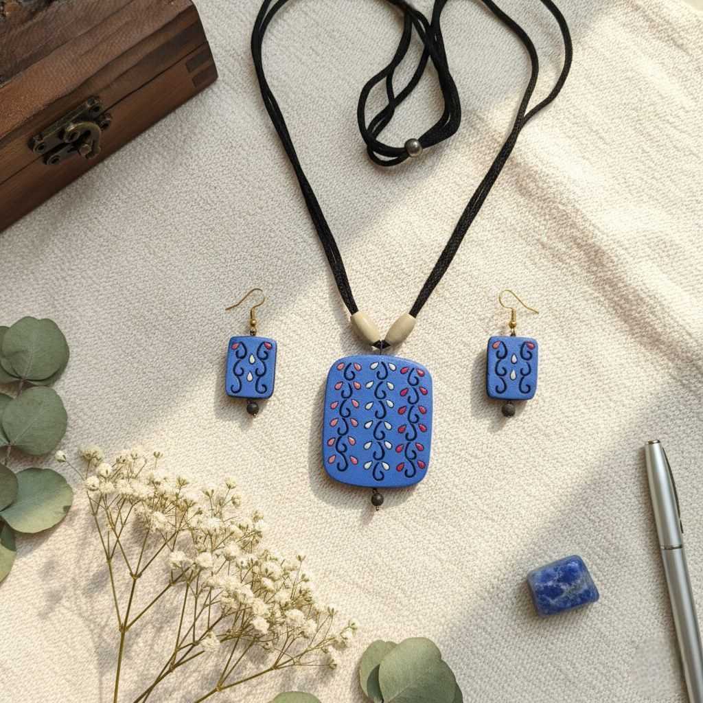 Seraphaire_terracotta necklace_blue with leaf motif_2